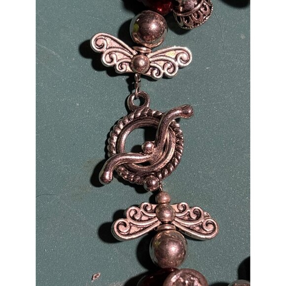 Handcrafted Beaded Bracelet Silver-Tone Charms Red Baroque Pearls Toggle Clasp - Picture 5 of 6